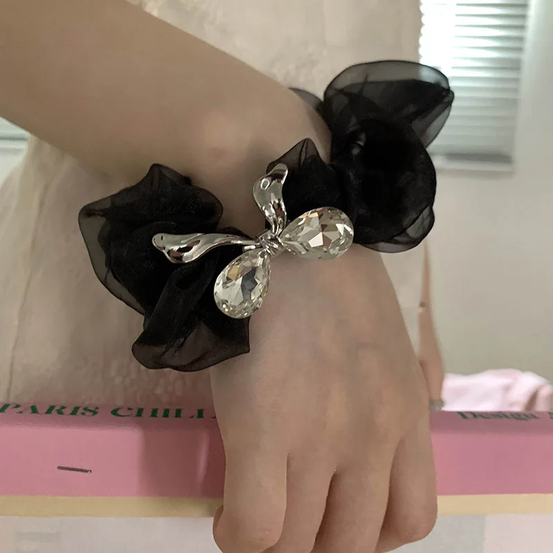 

Rhinestone Silver alloy advanced organza scrunchie headdress high elastic hair accessory Back of the head coiled hair rope