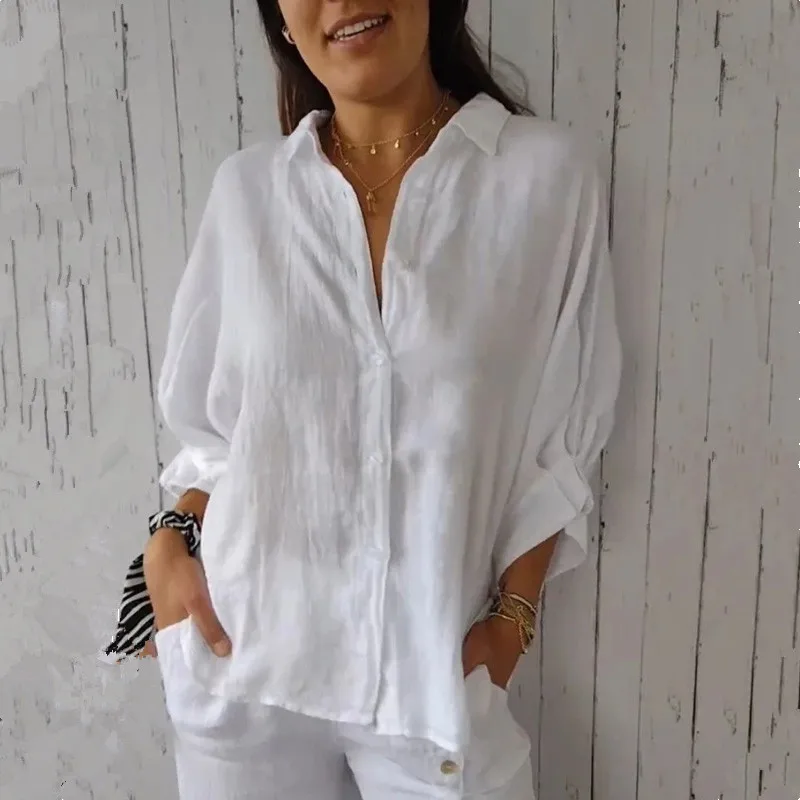 Новинка 2024 модная женская рубашка блузка из хлопка и льна однотонные топы со