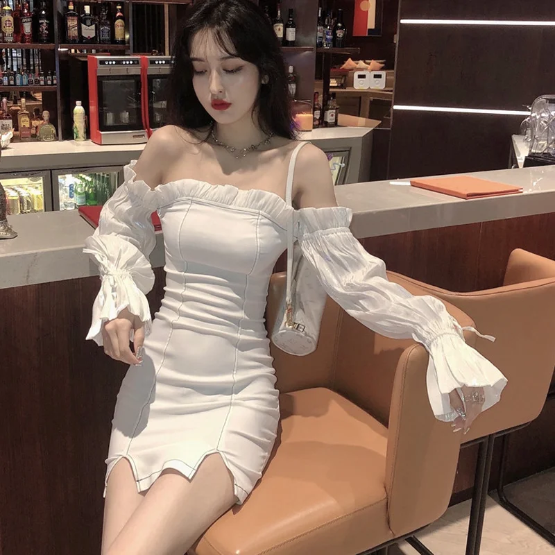 

WDMSNA Long Sleeve Bodycon Dress for Women Sexy Off The Shoulder New Summer Slim Split Vestidos Temperament A-line Dress Women