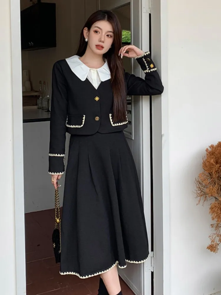 Женский винтажный костюм из 2 предметов элегантный черный пиджак и