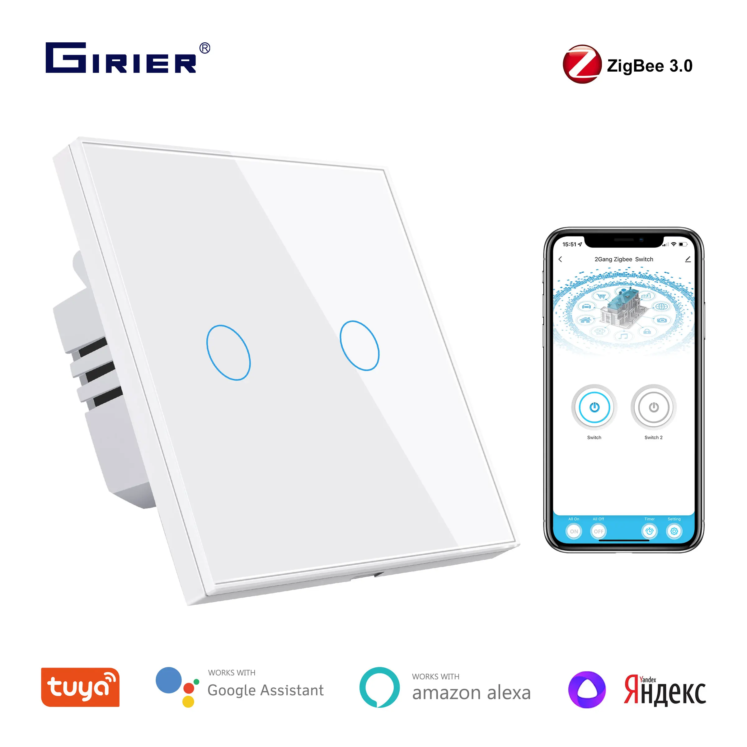 

GIRIER Tuya Smart ZigBee Wall Light Switch works with or without Neutral Wire No Capacitor Needed Support Alexa Hey Google Alice