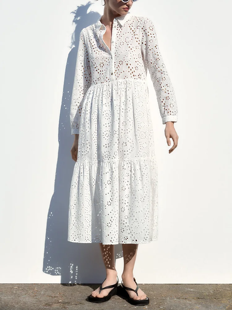 

Bohemian Dresses For Women 2023 Vintage Cutwork Embroidery White Dress Lapel Collar Front Buttoned Long Sleeve Shirt Midi Dress