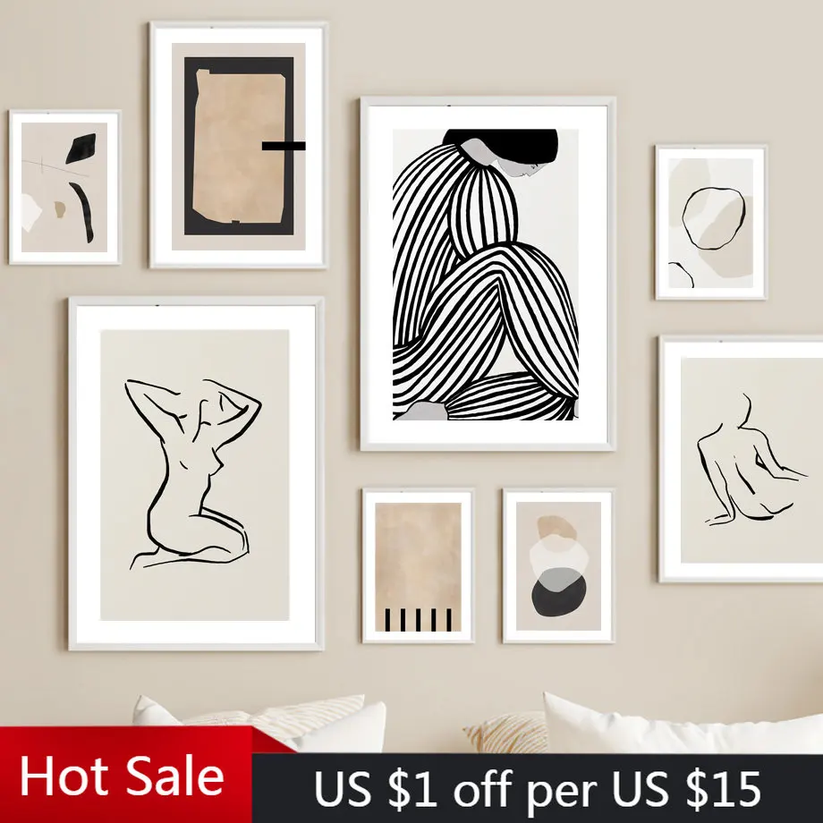

Абстрактные бежевые линии Обнаженная женщина эскиз настенная Картина на холсте скандинавские постеры и принты настенные картины для декор...