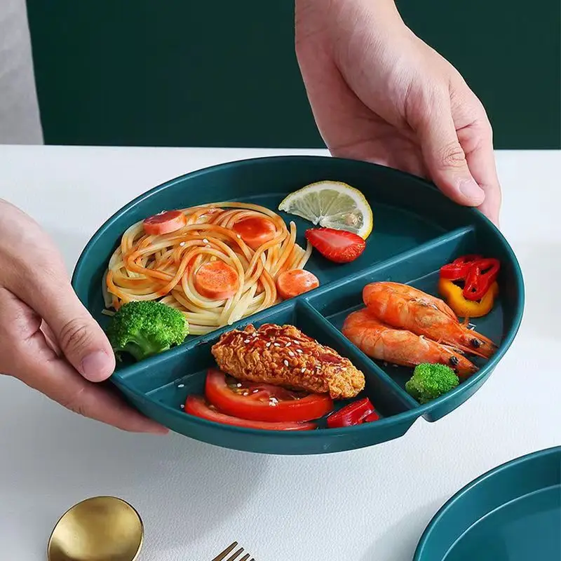 

Three-Grid Plate Diet Food Fruit Salad Divided Wheat Straw Microwave Safe PP Dinnerware Dishes Compartment Meal Tray Round