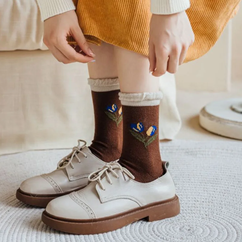 5 Pair Leg Warmers Harajuku Frilly Socks Women Kawaii Slouch Wool Long Winter Socks Set Cute Cycling Flower Print Fashion Lolita