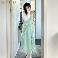 n girls 2022 spring summer new womens midi suspender dress fashion v neck slit ruffled floral a line skirt sexy ladies clothes