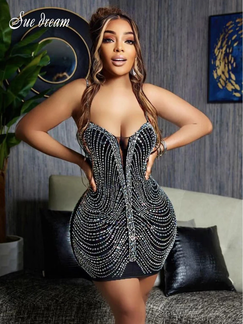 

Sexy Black Diamond Rhinestones Mini Dress Gown Women Glam Spagetti Straps Crystal Party Dress Summer Celebrities Outifts