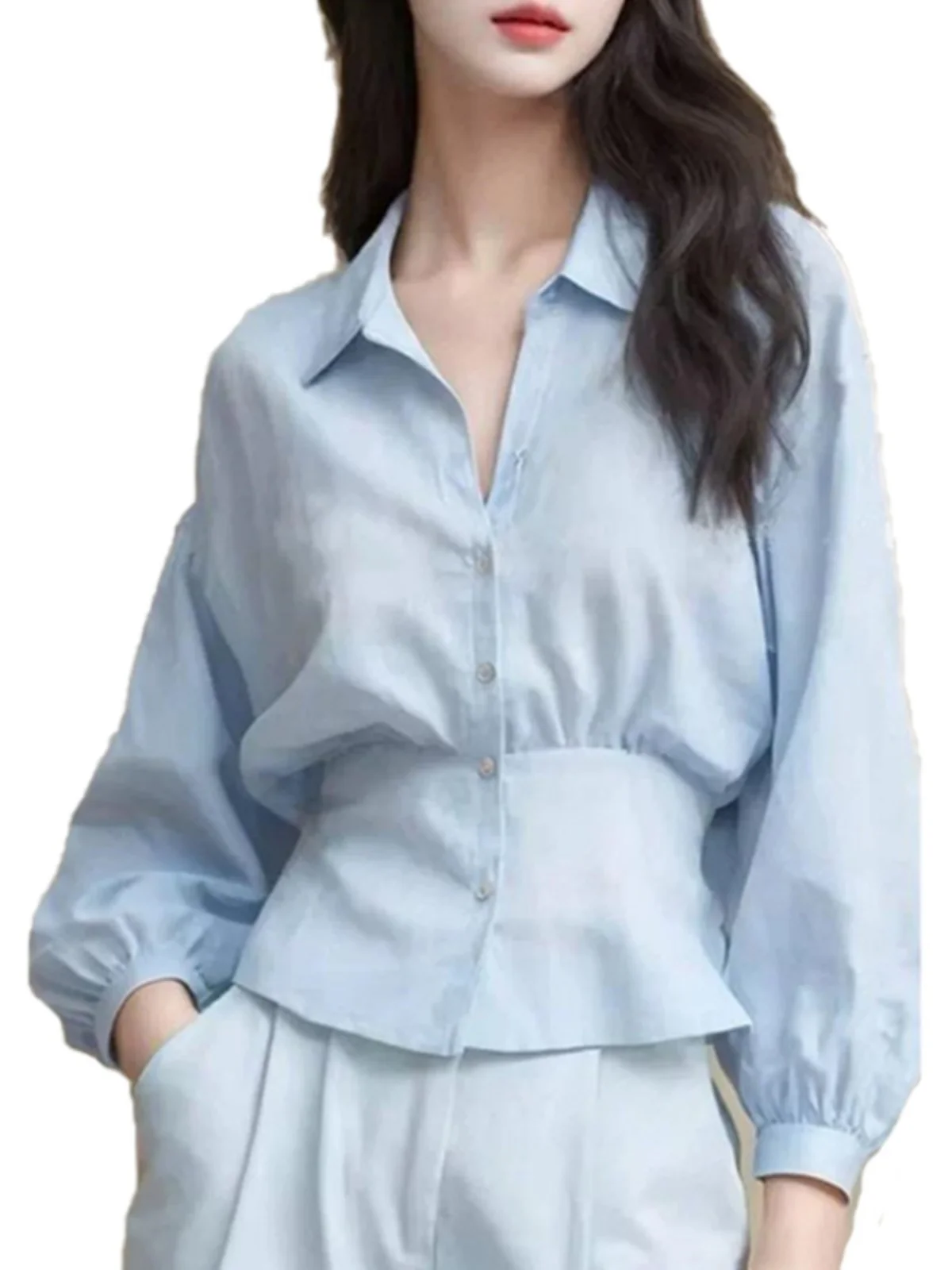 French sle Blue Polo Collar Temperament Shirts Women 2025 Spring Tight Waist Design Sense Unique Chic Top