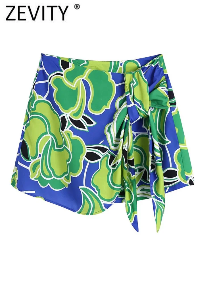 

ZEVITY Women Fashion Color Match Floral Print Knotted Sarong Shorts Skirts Female Zipper Hot Shorts Chic Pantalone Cortos P888
