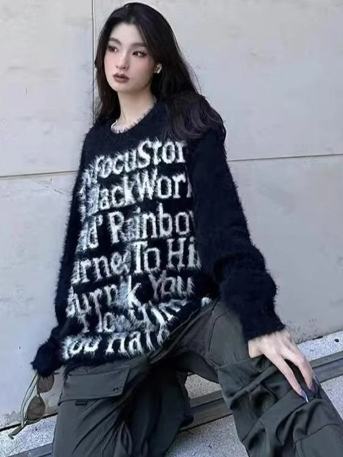 American High Street National Fashion Letter Jacquard round Neck Sea Hair Couple Sweater Men and Women Autumn Winte...