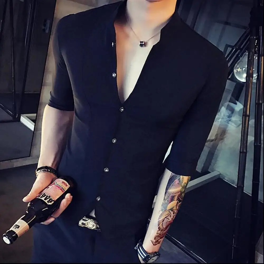 Stand Collar Chinese Style Shirt Men Slim Fit Clothes Male Half Sleeve 2022 Fashion Summer Solid Color Designer Night Club Tops