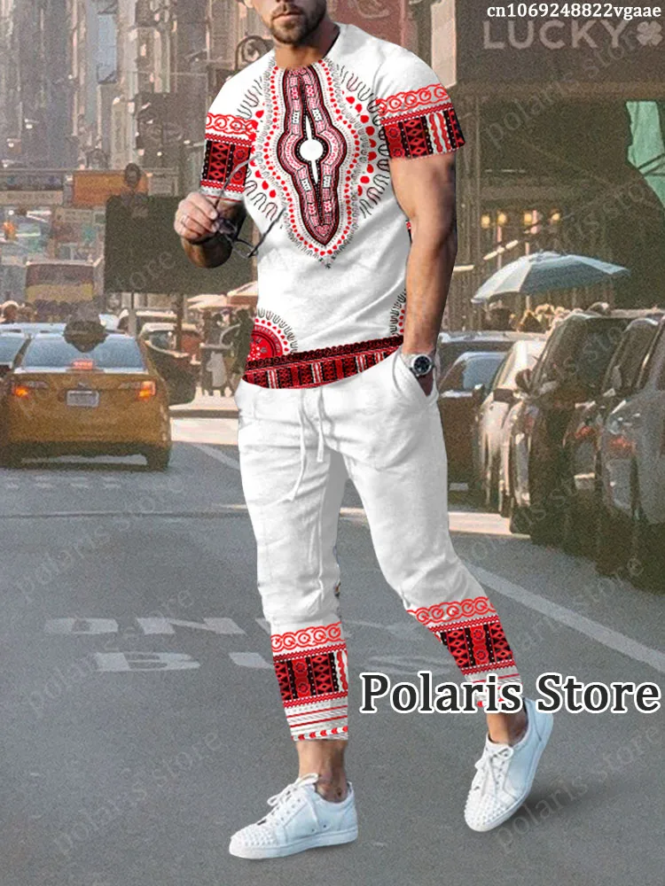 African Clothes For Men Dashiki T Shirt Trousers Traditional Wear Clothing Short Sleeve  Retro Streetwear Vintage Ethnic Style