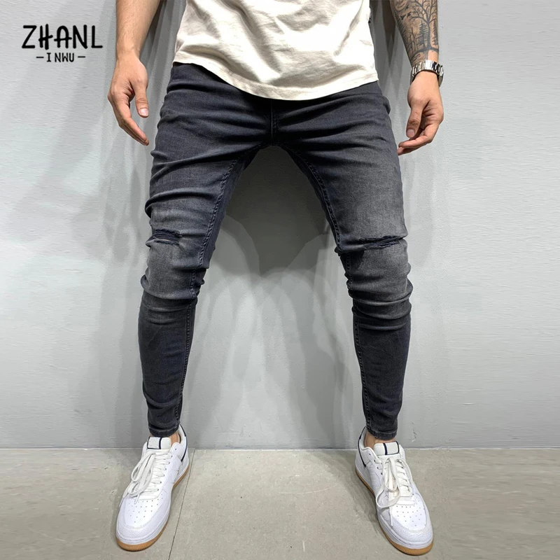 New Men's Jeans Men's Cut Stretch Skinny Jeans Black Denim Casual Sports Pencil Pants Four Seasons Fashion Slim Fit Ripped Pants