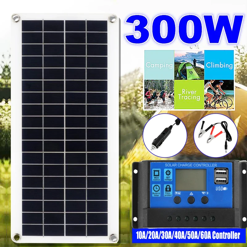 Kit de Panel Solar de 300W, 12V, USB con controlador de células solares 10-60A para coche, yate, RV, barco, móvil, cargador de batería de teléfono
