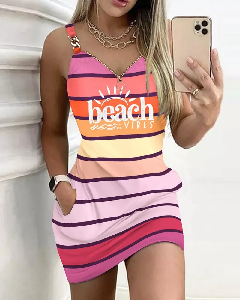 

Женское богемное платье без рукавов, повседневное облегающее платье на молнии, с V-образным вырезом, высокой талией и карманами, в богемном стиле, для отдыха