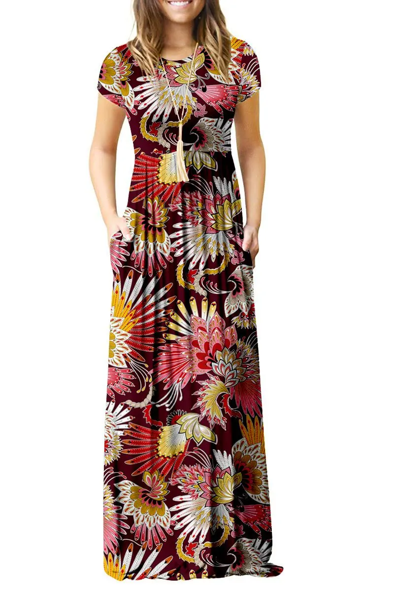 

HMCN Women`s Short Sleeve Plain Maxi Dresses Casual Long Dresses with Pockets