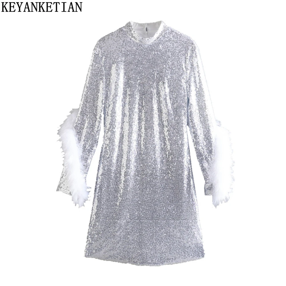 

KEYANKETIAN 2022 Spring and Autumn New Feather Decoration Hollow Open Back Sequin Dress Silver Tight Mini Skirt