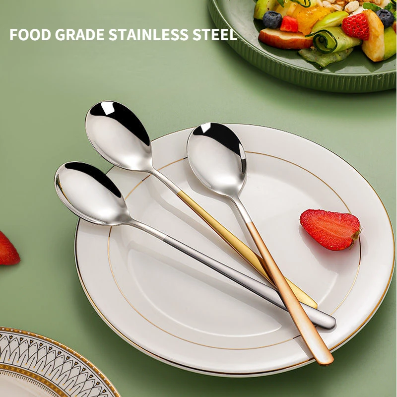 

Soup Spoons with Long Handle Food Grade Stainless Steel Tableware Gold Siver Color Round Spoon Head