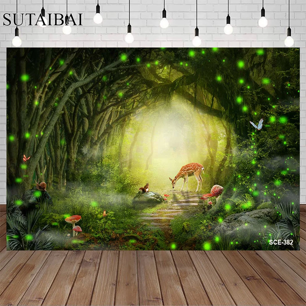 

Wild Forest Spring Scenery Background Mushroom Wonderland Sika Deer Fairy Girls Shooting Props Children Birthday Portrait Banner