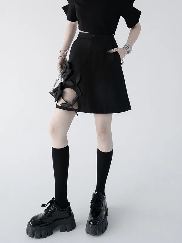 

Black Skirt Women 2022 New Stitching Flower A-line Mini Skirt Hippie Skirts Woman Skirts Mujer Faldas