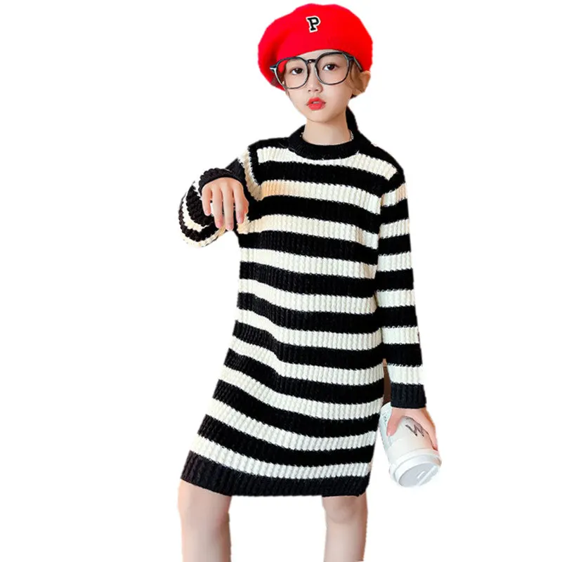 

Teenager Girl Long Sweater dress youth Kids Black White Striped Candy Color Knitwear Dress Fall Winter Fashion Childrens Clothes