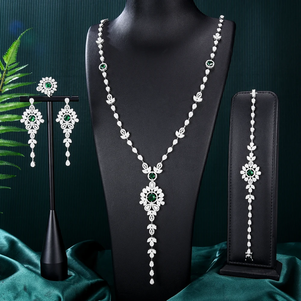 

Soramoore New Trendy Luxury Long 4PCS Necklace Earring Bangle Ring For Women Wedding Party Show CZ Original Bridal Jewelry Sets
