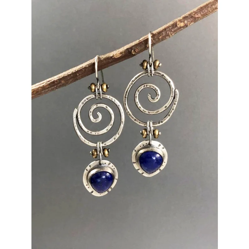 

Vintage Hollow Spiral Blue Natural Stone Women Drop Earrings Tibetan Silver Whirl Ethnic Lapis Lazuli Earring Tribal Jewelry