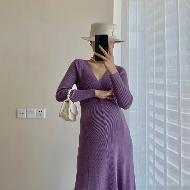 Women Knitted Maternity Dresses Plus Size Elasticity Daily Clothes Winter Long Sleeve Photography Pregnancy Dress Inside Cloth