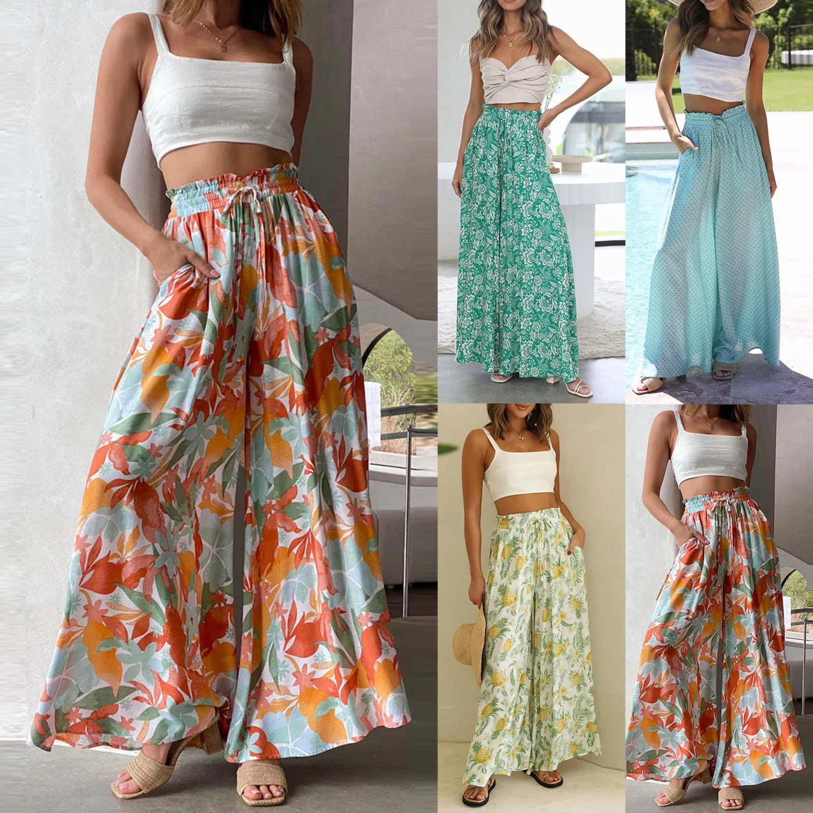 

European&American 2023 Summer New Women's Printed Wide Leg Trousers With Elastic Belt High Waist Loose Pants for Women Casual