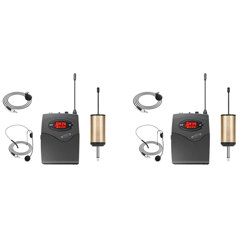 

2X Беспроводная микрофонная система, набор беспроводных микрофонов с гарнитурой и петличным нагрудным микрофоном, передатчик-приемник Beltpack