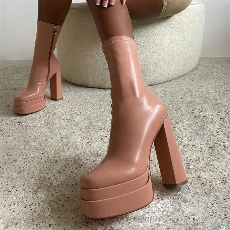

2022 Winter Sexy Ladies Brand Elegant Low Boots For Women Goth Elastic Double Deck Platform High Heels Zipper Ankle Boots
