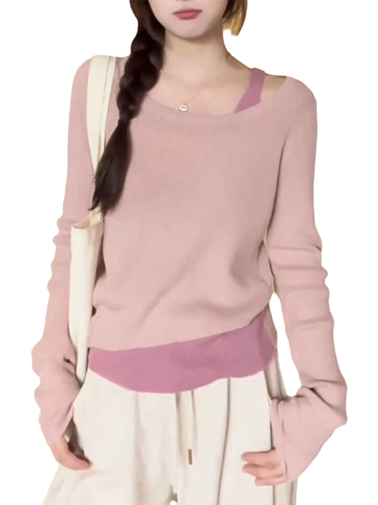 Wassup Kates Fake Two-Piece Base Knit Women Spring and Autumn Thin Long sleeve Unique Beautiful Top