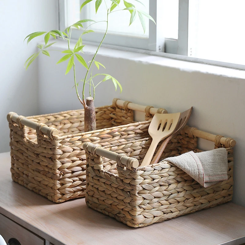 

Hand-woven Storage Basket with Handle Kitchen Sundry Organizer Laundry Basket Rectangular Closet Organizer Woven Storage Box