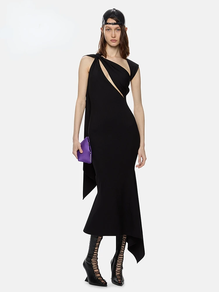 

DEIVE TEGER Black Long Dress Women Fashion Party Wear Diagonal Collar Key Hole Design Sexy Backless Dress Summer 2023