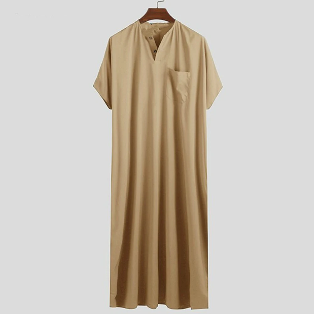 Middle East Ethnic Costume Muslim Robe Solid Color Men Gentleman Simple Arabic Islamic Casual Party Loose Cotton Robe