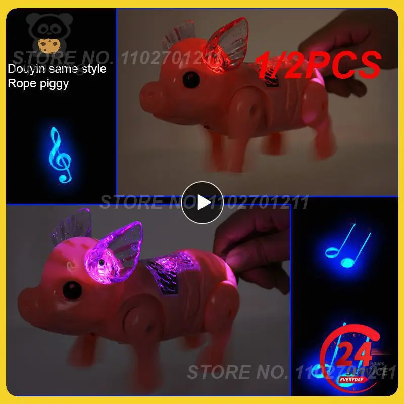 

1/2PCS Electric Pulling Rope Pig Batteries Powered Luminous Music Walking Pig Toy Pets Interactive Toys With Light For Children