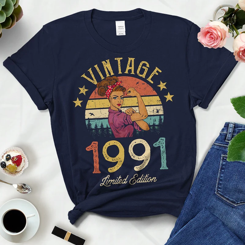 

Vintage 1991 Women T Shirt 32nd 32 Years Old Birthday Party Gift Mom Wife Girlfriend Tshirt Retro Top Black Clothes Dropshipping