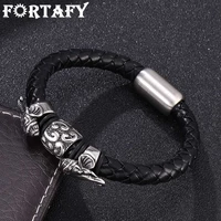 fortafy trendy black braided leather bracelet elephant stainless steel magnetic clasp male wrist band fashion bangles fr0115
