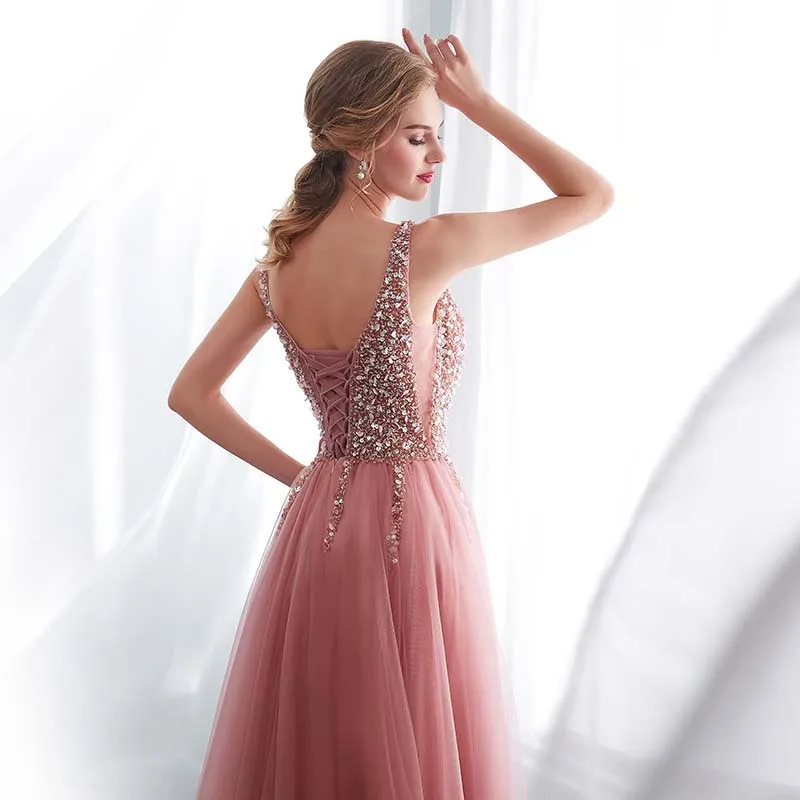 Beading Evening Dress 2023 V-Neck Pink High Split Tulle Sweep Train Sleeveless Prom Gown A-line Lace Up Backless Vestido De