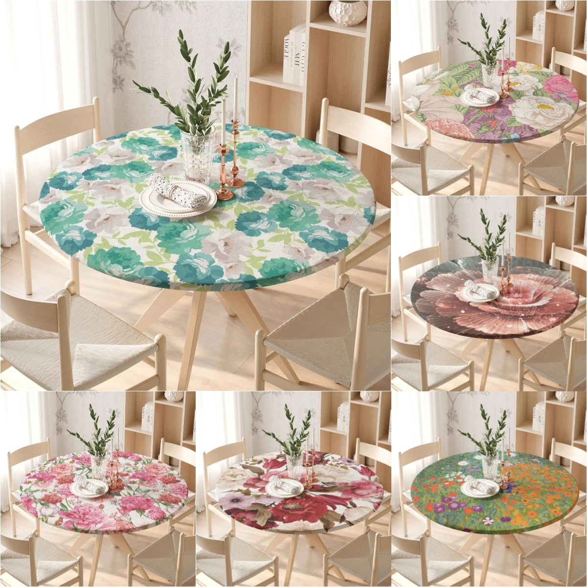 

Flower Round Tablecloth Floral Plants Fitted Elastic Edged Waterproof Polyester Table Cover for Dinning Room Kitchen Outdoor