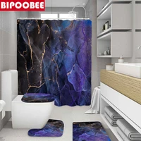 Texture Marble Print Bathroom Curtains Blue Purple 3D Shower Curtain Toilet Cover Lid Non-slip Carpet Rug Bath Mat Home Decor