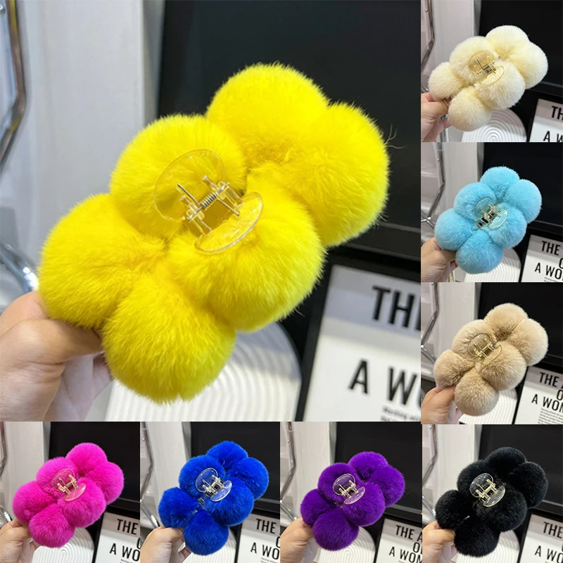 

Extra Large Rex Rabbit Plush Hair Claw Pure Color Soft Furry Hair Clip Two-color Hair Ball Catch Clip Handmade Hair Accessories