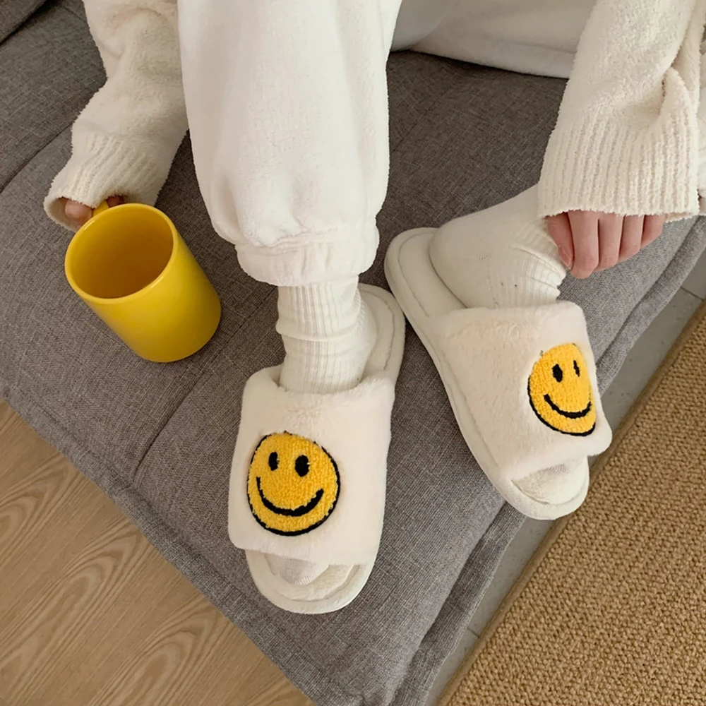 winter new kawaii cartoon ladies house fur slippers open toe bedroom cute smiley pattern home women fluffy slippers slides free global shipping