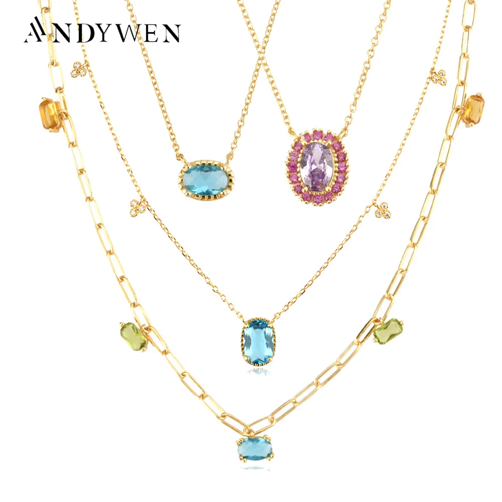 ANDYWEN-collar de plata de ley 925 para mujer, Gargantilla con colgante de arcoíris dorado y CZ, cadena larga, joyería colorida de boda para cristal, 2021