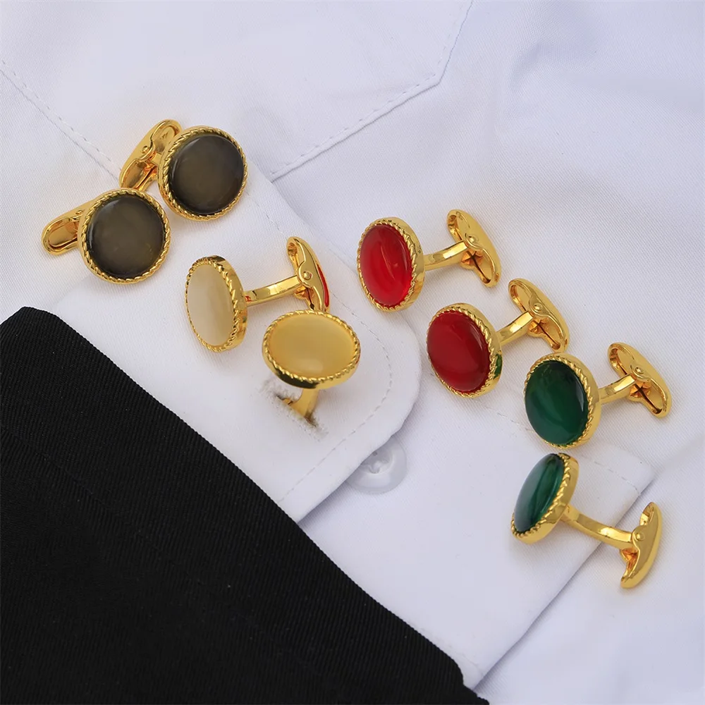 

2 Pcs Opal Mens Round Cufflinks Green Black Red White Colors Sleeve Button Unique Whale Back Closure Jewlery Accessories