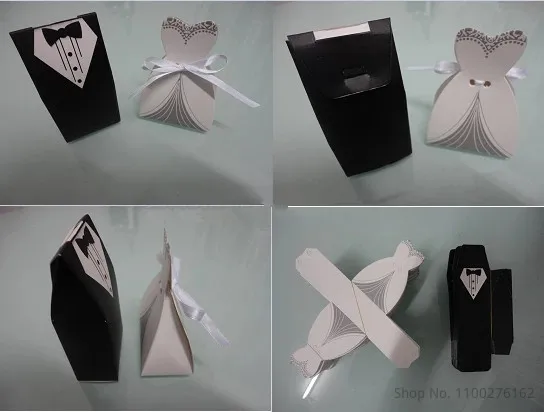 

Free Shipping 100pcs Tuxedo Dress Groom Bridal Wedding Party Favor Gift Baby Shower Candy Boxes with Ribbon