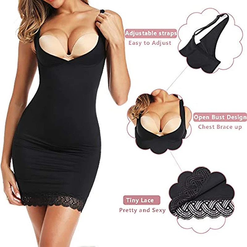 Shapewear Slip Dress for Women Tummy Control Camisole Full Slip Under Dress with Lace Seamless Slimming Body Shaper Long Cami