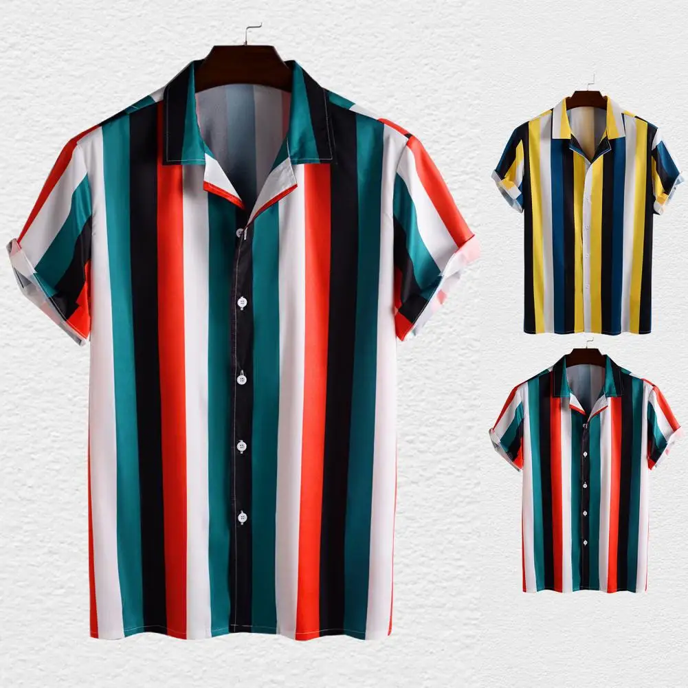

New Men's Shirt Fashion Stripes print Short Sleeve Shirt Summer Shirt Men Turn-down Collar Button Casual Shirt Men's Clothing