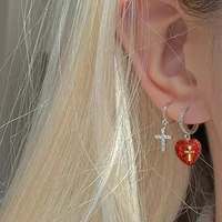 egirl accessories red heart cross earrings korean fashion punk aesthetic shiny drop earrings for women goth jewelry 2000s