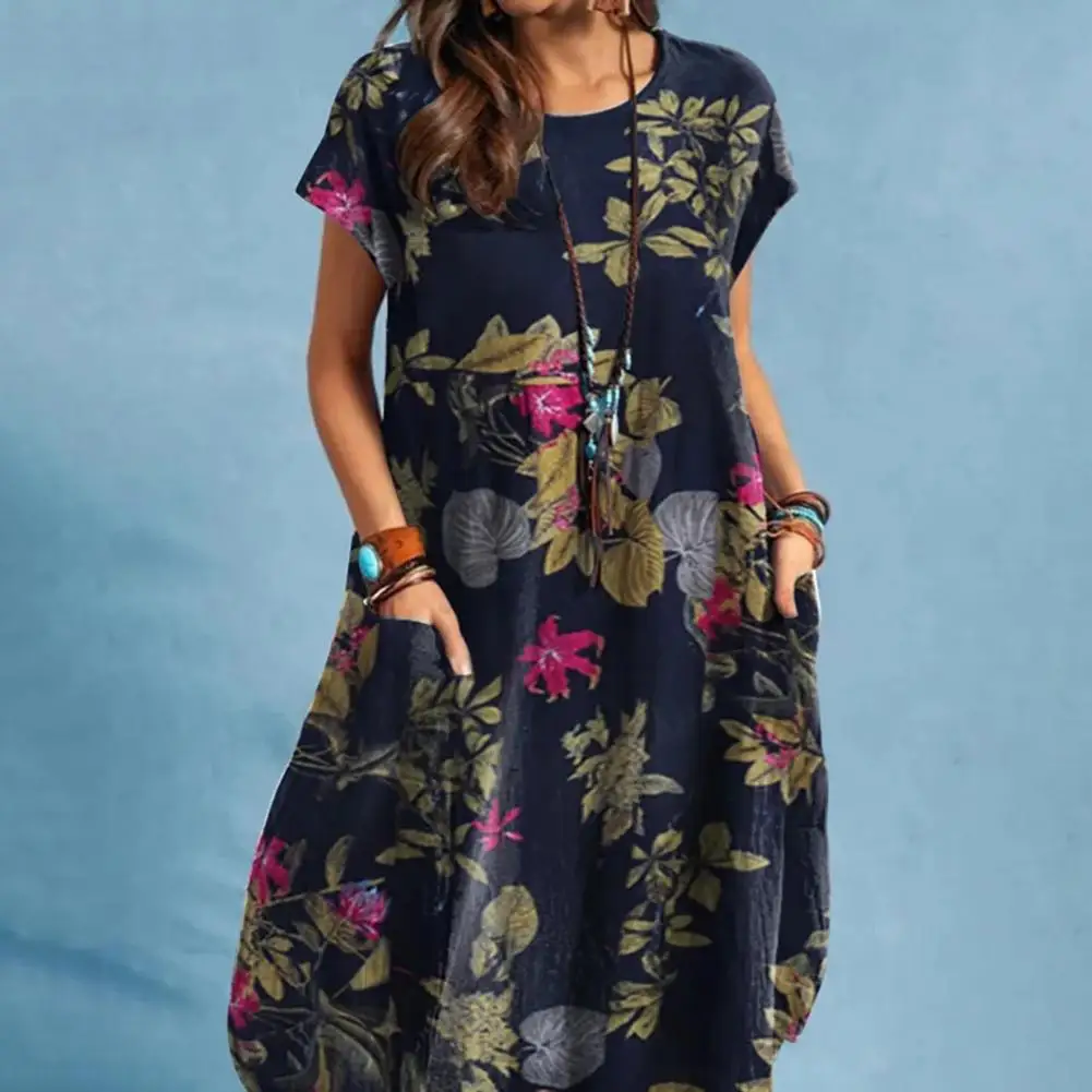 

Mid-Length Dress Round Neck Short Sleeves Flower Print Double Pocket Plus Size Casual Wear Cotton Blend Women Summer Casual Beac